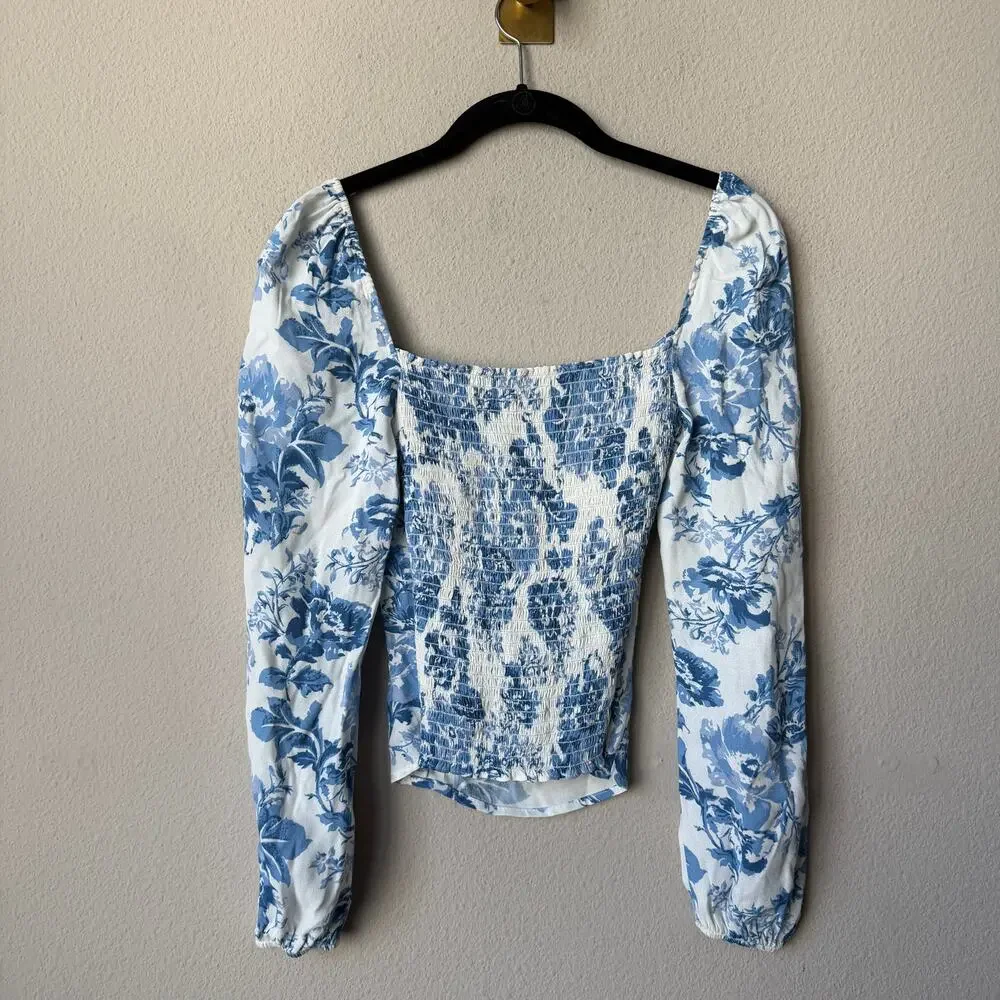 Reformation Reign Olympia Blue White Floral Long Sleeve Top Size 6